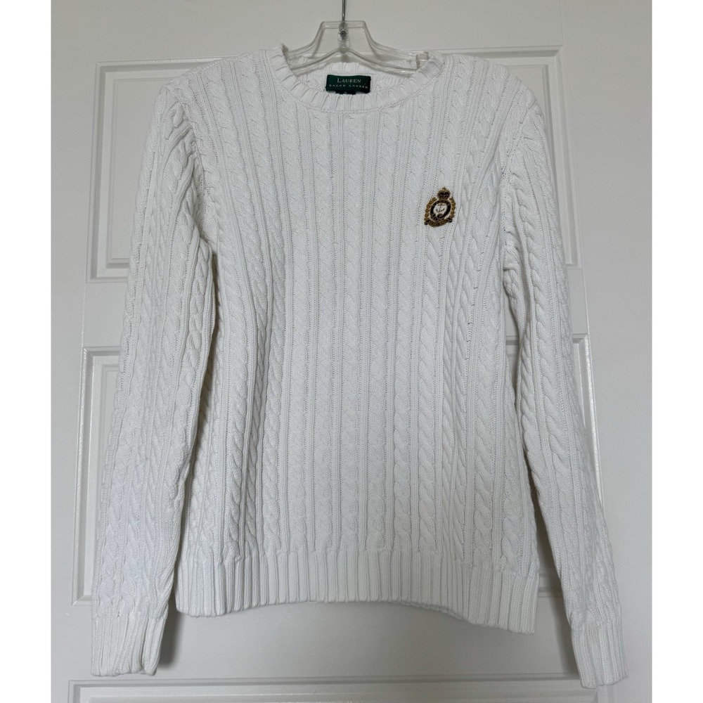 Ralph Lauren Sport Womens‎ S Sweater Ivory Pullover Crown Logo Cable Knit Cotton